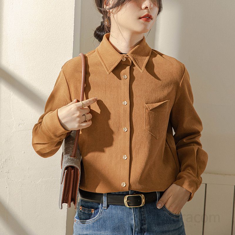 여성 커피색 코듀로이 긴팔 셔츠 가을 데일리 레이어드용 두꺼운 브러시드 셔츠 캐주얼 스타일 편안한 착용감 출퇴근용 모던한 디자인 - 상품 이미지