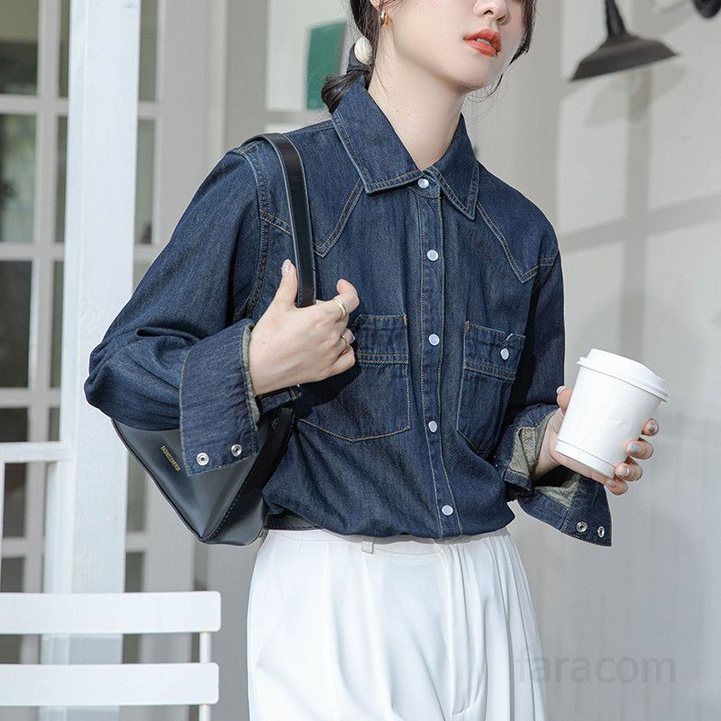 여성 데님 셔츠 루즈핏 봄 가을 레이어드 스타일 블라우스 구김없는 롱슬리브 탑 캐주얼한 홍콩 레트로 디자인 데일리 패션 - 상품 이미지
