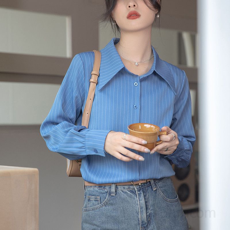 여성 스트라이프 긴팔 셔츠 가을 패션 캐주얼 코튼 소재 편안한 착용감 심플한 디자인 데일리룩 데이트룩 활용도 높은 상의 - 상세 이미지 2