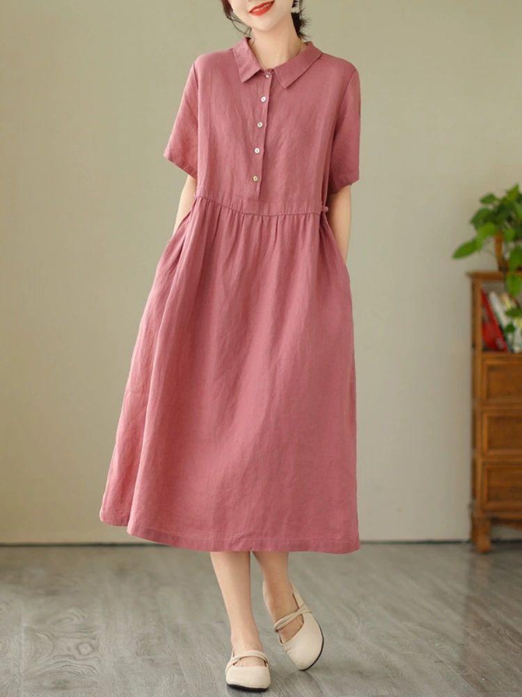 린넨 카라원피스 반팔 오픈카라 데일리룩 하객룩 카라넥 블루 M 추천 45.0-55.0kg - 상세 이미지 4