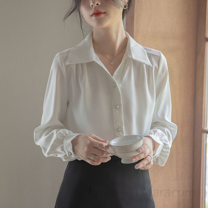 여성 브이넥 새틴 긴팔 블라우스 가을 페미닌 스타일 출퇴근용 고급스러운 정장 상의 인터뷰용 데일리 패션