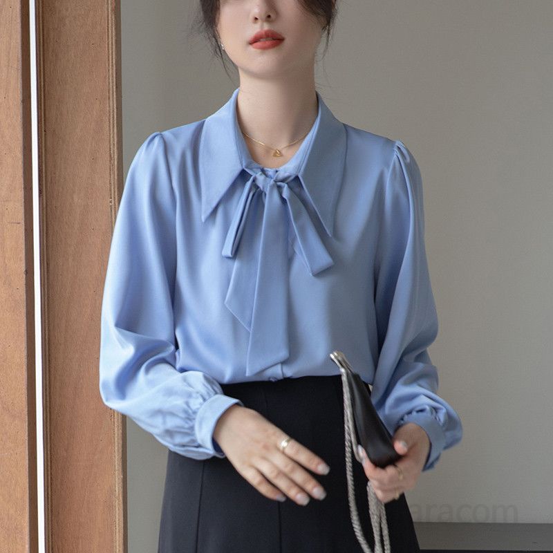 여성 리본 새틴 블라우스 가을 긴팔 오피스룩 인터뷰 비즈니스 정장 스타일 고급스러운 착용감 편안한 데일리룩