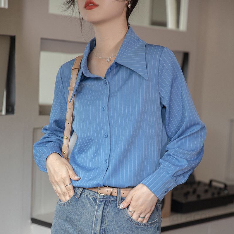 여성 스트라이프 긴팔 셔츠 가을 패션 캐주얼 코튼 소재 편안한 착용감 심플한 디자인 데일리룩 데이트룩 활용도 높은 상의 - 상세 이미지 5