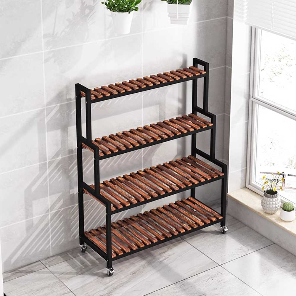 화분받침대 정리대 바퀴달린 철제 스탠드 원목 진열 검정 4단 바퀴 80x130cm - 상세 이미지 4