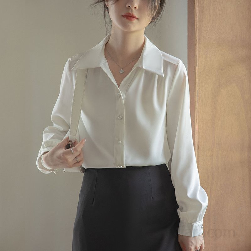 여성 브이넥 새틴 긴팔 블라우스 가을 페미닌 스타일 출퇴근용 고급스러운 정장 상의 인터뷰용 데일리 패션 - 상세 이미지 2