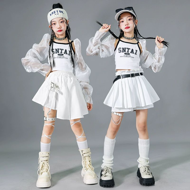 주니어 댄스복 걸스힙합 수트 무대복 무대의상 크롭티 스팽글 205 화이트 SN 탑 110cm - 상세 이미지 4