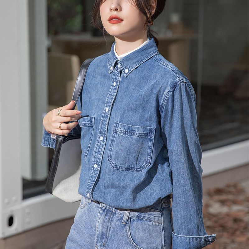 여성용 루즈핏 데님 셔츠 봄 가을 레이어드 스타일 레트로 감성 홍콩 무드 캐주얼 긴팔 청남방 시크한 코디 - 상세 이미지 4
