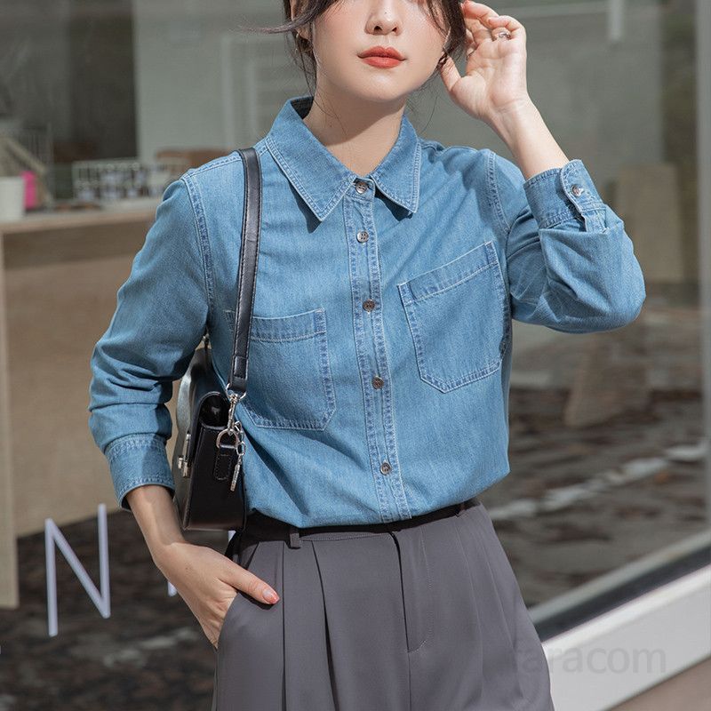 여성 데님 스트레이트 셔츠 긴팔 캐주얼 레이어드용 가을 소프트한 착용감 스타일링 쉬운 데일리룩 청남방 - 상품 이미지