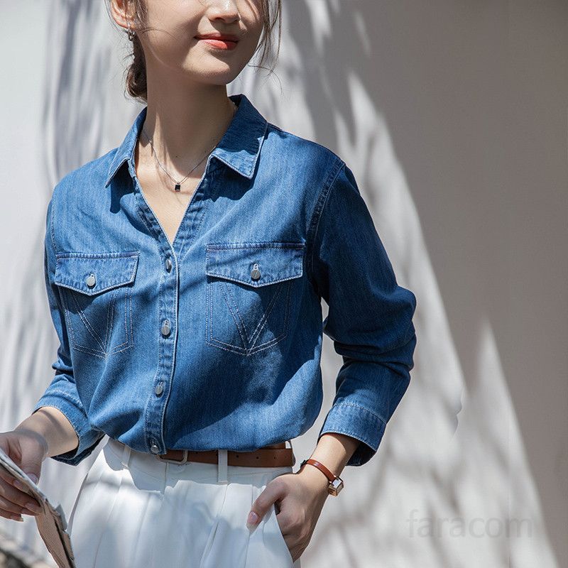 여성 데님 셔츠 순면 V넥 긴팔 블라우스 가을 출퇴근용 올매치 스타일링 구김없는 편안한 착용감 캐주얼 이너 셔츠 - 상세 이미지 4