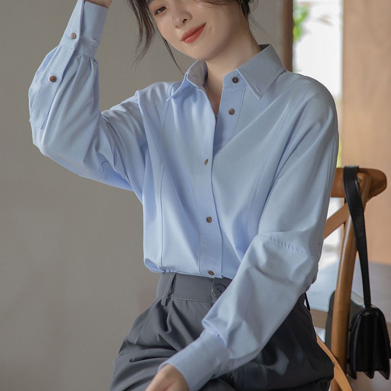 구김없는 여성 긴팔 링클프리 셔츠 프렌치 블루 디자인 세련된 데일리룩 니치 스타일 편안한 착용감 가을 여성 상의 - 상세 이미지 2