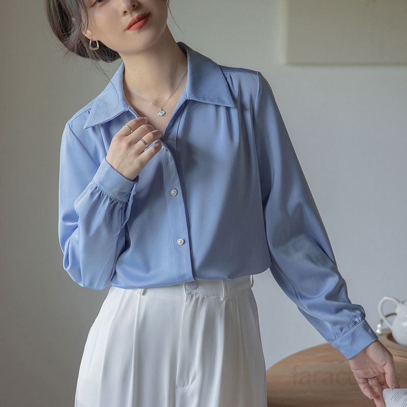 여성 새틴 브이넥 긴팔 셔츠 가을 출퇴근용 고급스러운 블라우스 인터뷰 정장 스타일 데일리룩 옷차림 편안한 착용감 세련된 디자인 - 상세 이미지 5