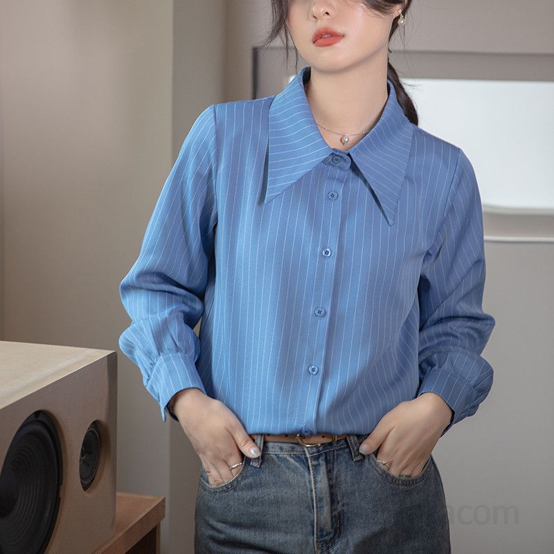 여성 스트라이프 긴팔 셔츠 가을 패션 캐주얼 코튼 소재 편안한 착용감 심플한 디자인 데일리룩 데이트룩 활용도 높은 상의 - 상품 이미지