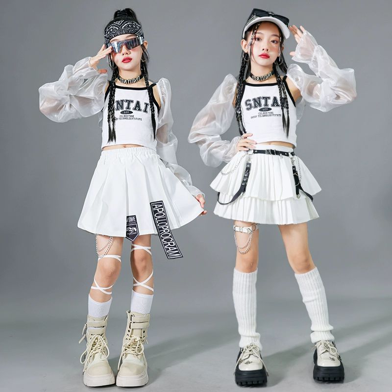 주니어 댄스복 걸스힙합 수트 무대복 무대의상 크롭티 스팽글 205 화이트 SN 탑 110cm - 상세 이미지 5