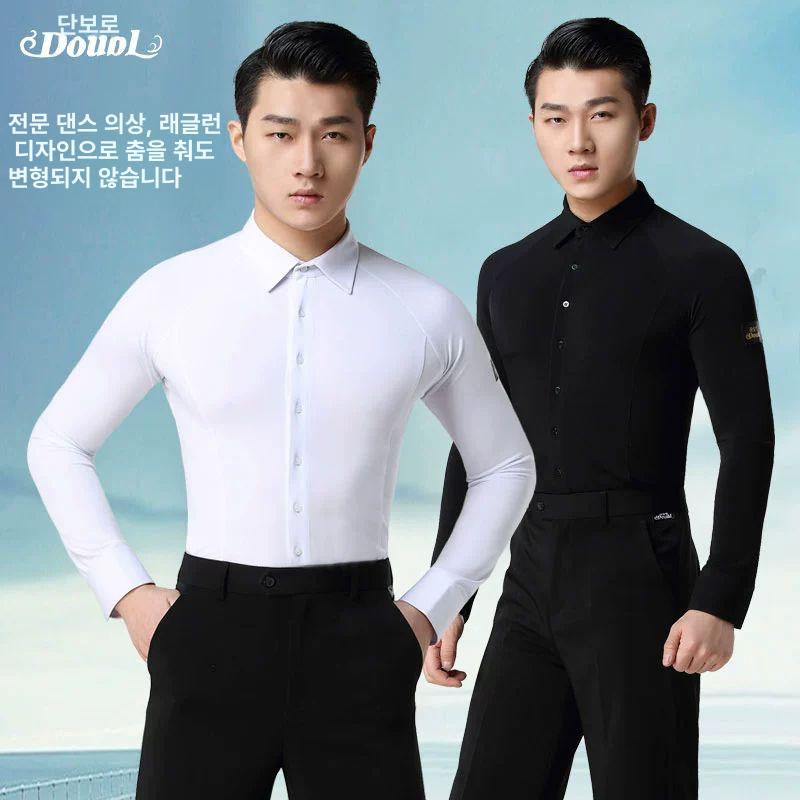 남자댄스복 남성 라틴 팬츠 브이넥 왈츠 대회 스포츠댄스 남성 슬림핏 긴팔 셔츠 블랙 S - 상세 이미지 2