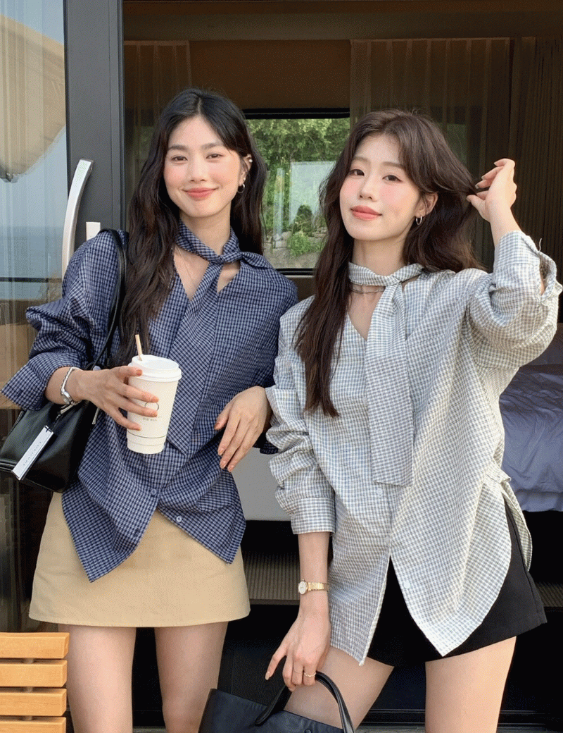 브린 타이 셔츠 블라우스 브이넥 루즈핏 체크 포켓 남방 - 상품 이미지