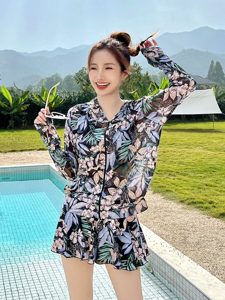 아줌마 수영복 엄마레쉬가드 할머니래쉬가드 부모님래쉬가드 오버핏 블랙꽃3종세트 M - 상품 이미지