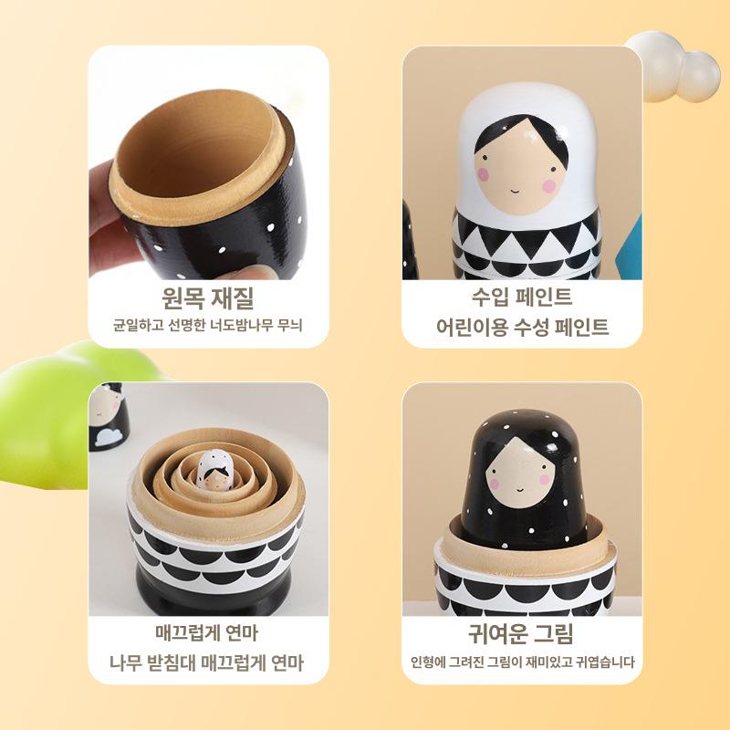 솔비에 러시아인형 마트료시카 목각인형 러시아전통 인테리어소품 인형소품 5단 블랙화이트 기본 - 상세 이미지 4