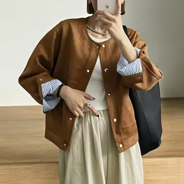 여성 라운드넥 스웨이드 자켓 가을 루즈핏 - 상품 이미지