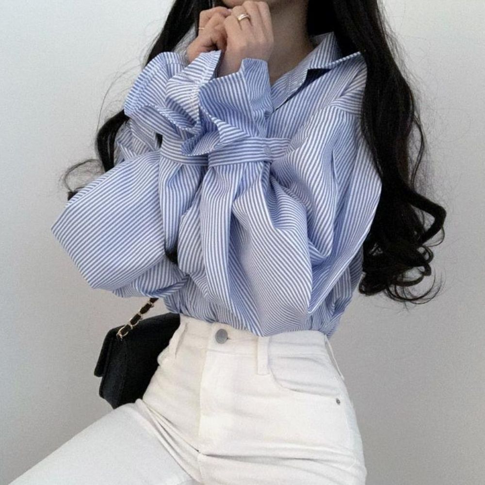 벌룬블라우스 루즈핏 스트라이프남방 하객룩 블라우스 오버핏셔츠 이미지 8