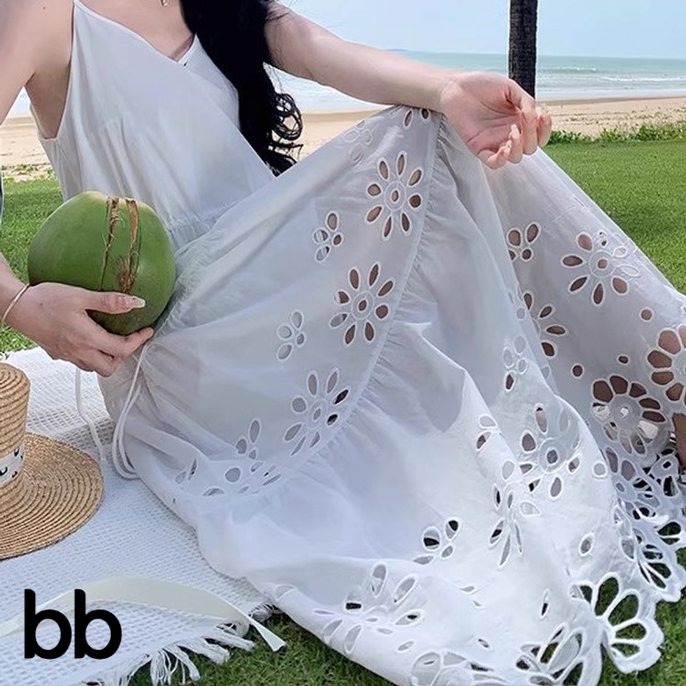 펀칭원피스 끈나시롱 뷔스티에 아일렛 자수 롱원피스 코튼 여름 프렌치 면 화이트 S - 상세 이미지 2