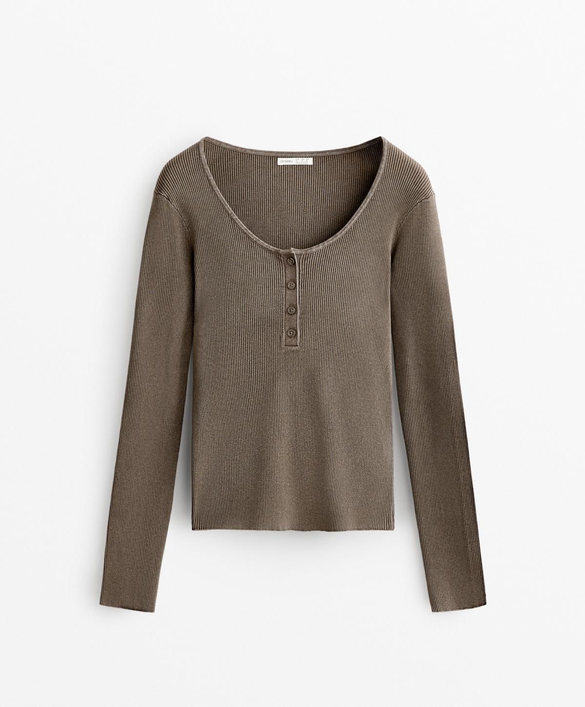 오이쇼 슬림핏 라운드넥 버튼 골지 티셔츠 2280/695 DARKTAUPE - 메인 이미지