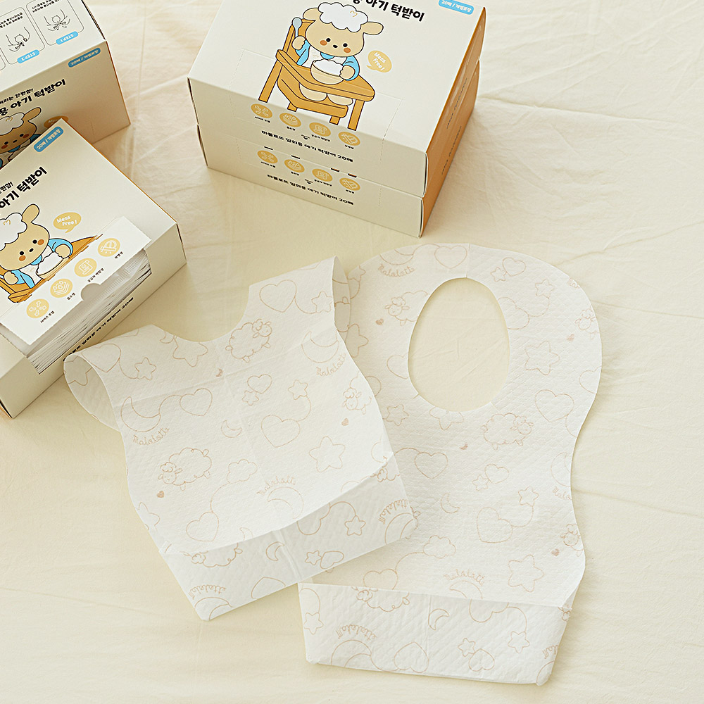 마롤로뜨 일회용 아기 방수턱받이 자기주도 이유식 침받이 개별포장 60매 (20매x3박스)