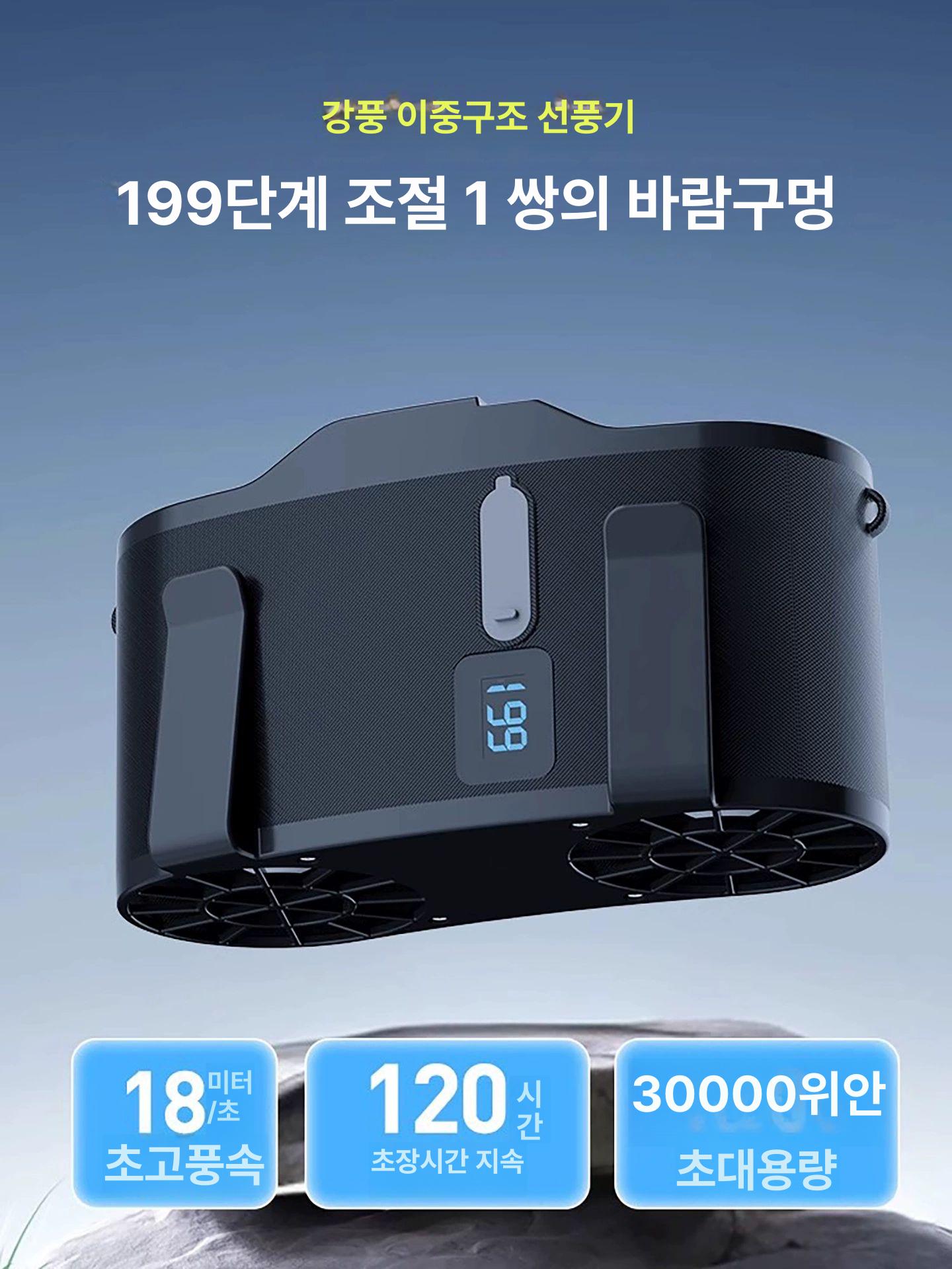 휴대용 허리 선풍기 목걸이 에어컨 바디팬 손풍기 태풍기 1팩 지능형 모드+199단계 보장되는 20000mAh 강풍 모델 - 상세 이미지 3