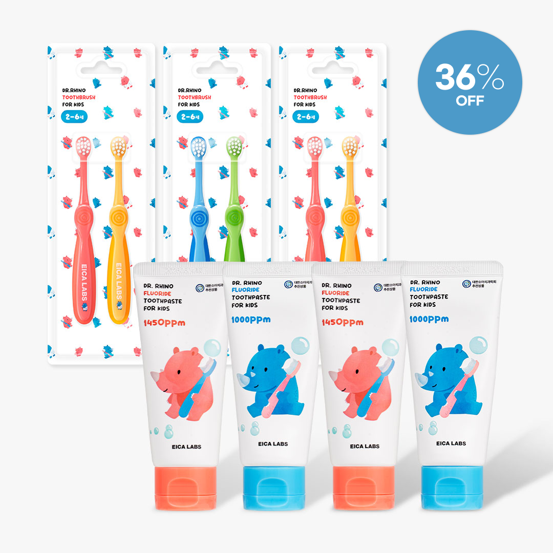 에이카랩스 코뿔소 치약 4개 칫솔 3세트 어린이집 유아 아기