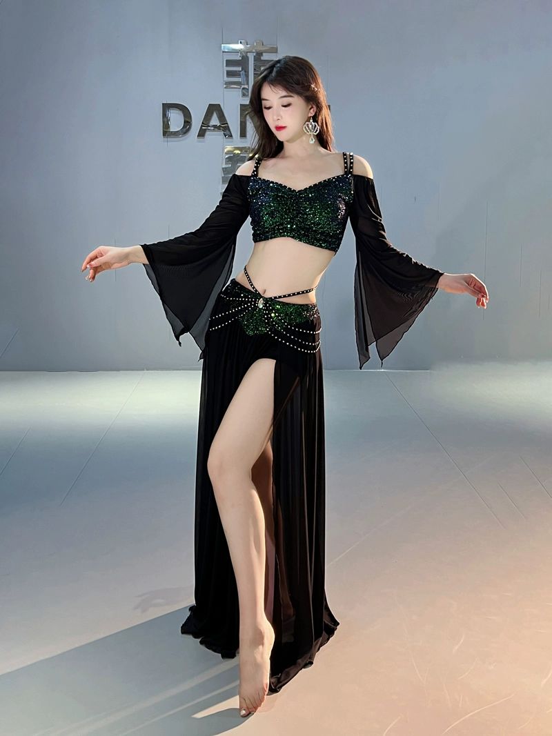 벨리댄스 스타일 의상 밸리댄스 밸리 줌바 재고 화려한 블랙 2종 상의+치마 치마 M - 상세 이미지 2