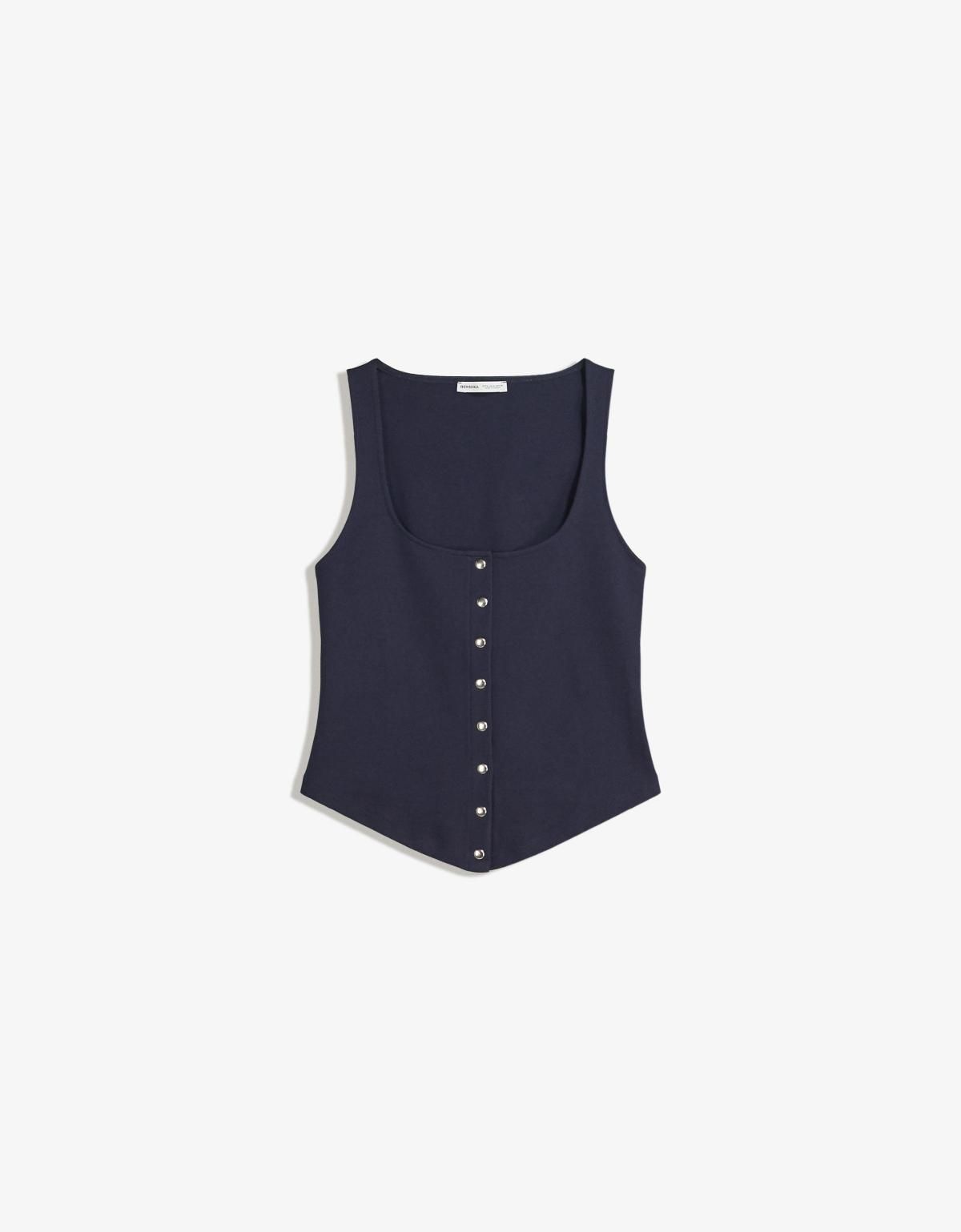버쉬카 모던 스퀘어넥 버튼업 민소매 탑 8704/360 NAVY - 메인 이미지