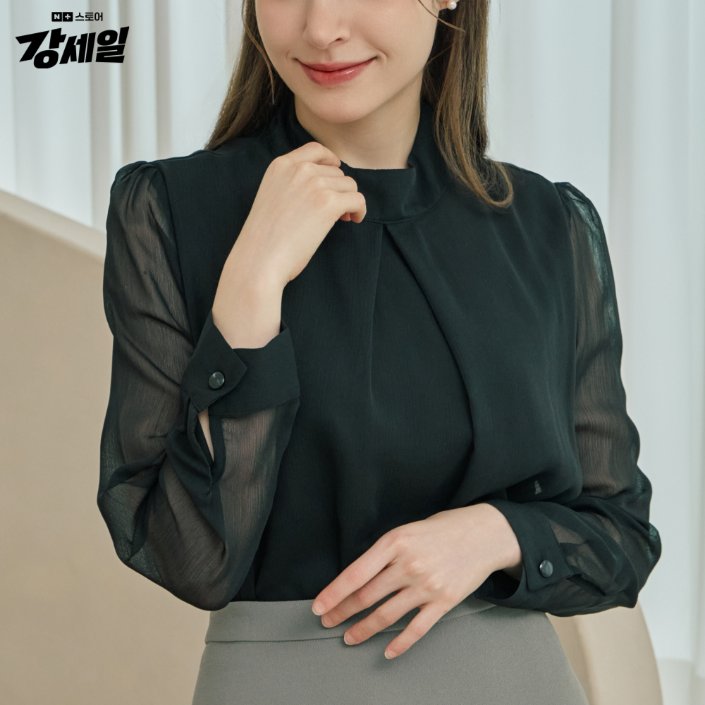 웨어코렉트 화이트 쉬폰 시스루 블라우스 셔링 디자인 셔츠 - 상세 이미지 2