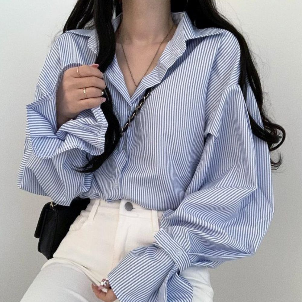 벌룬블라우스 루즈핏 스트라이프남방 하객룩 블라우스 오버핏셔츠 - 상세 이미지 2