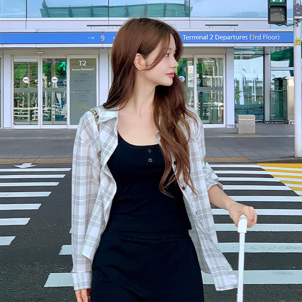 조이넬 체크 셔츠 버튼 나시 밴딩쇼츠 쓰리피스 세트 st2880 - 상품 이미지