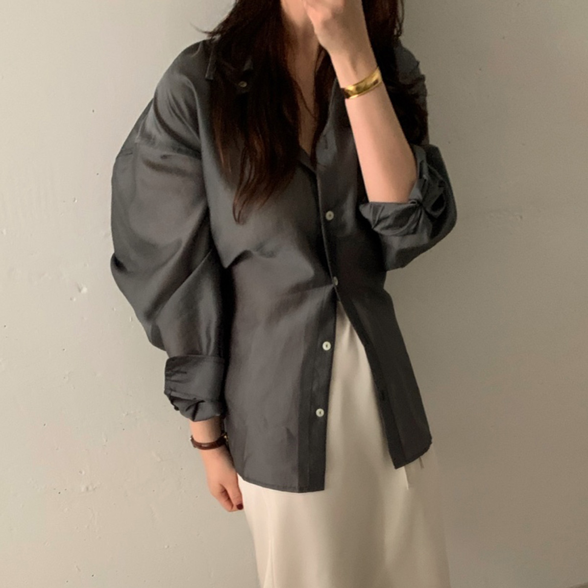 [당일발송] 바스켓 25fw 리튼 셔츠 가을 카라 랩 블라우스 레이어드 시스루 오버핏 루즈핏 남방 (3c) - 상품 이미지