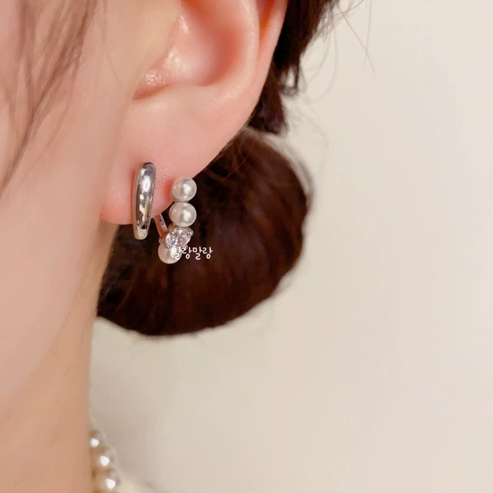 더블 레이어 진주큐빅 14K 귓볼라인 알러지없는 귀걸이 - 상세 이미지 3