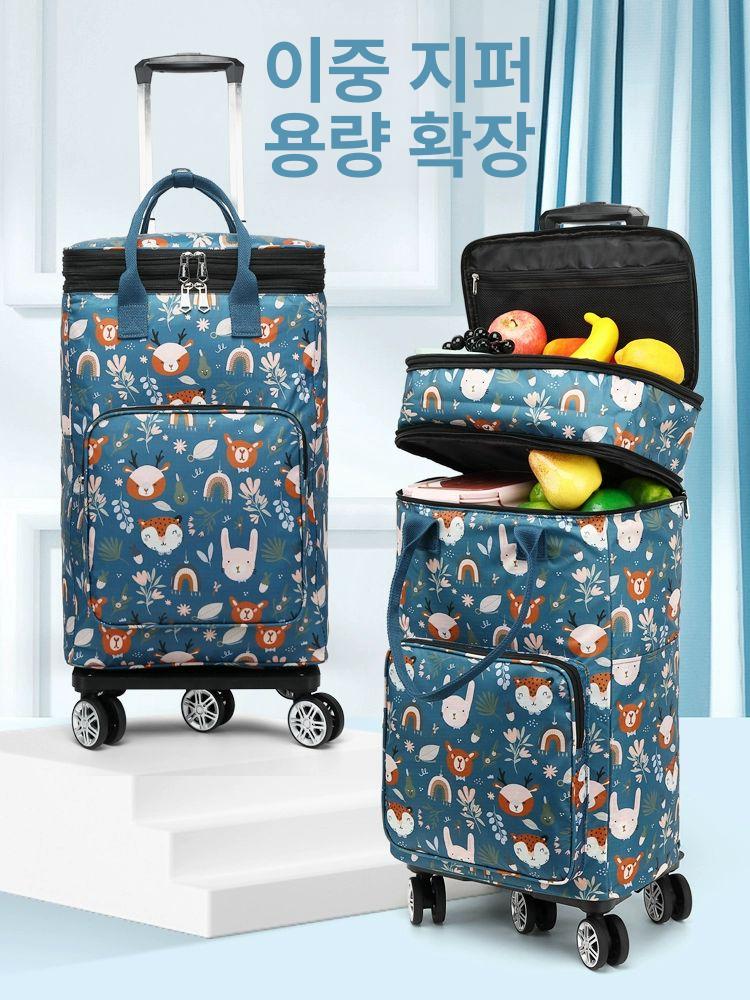 접이식 보온보냉 캐리어장바구니 마트가방 보온 바퀴달린 확장판 숲속 사슴 알루미늄 2-in-1 - 상세 이미지 2
