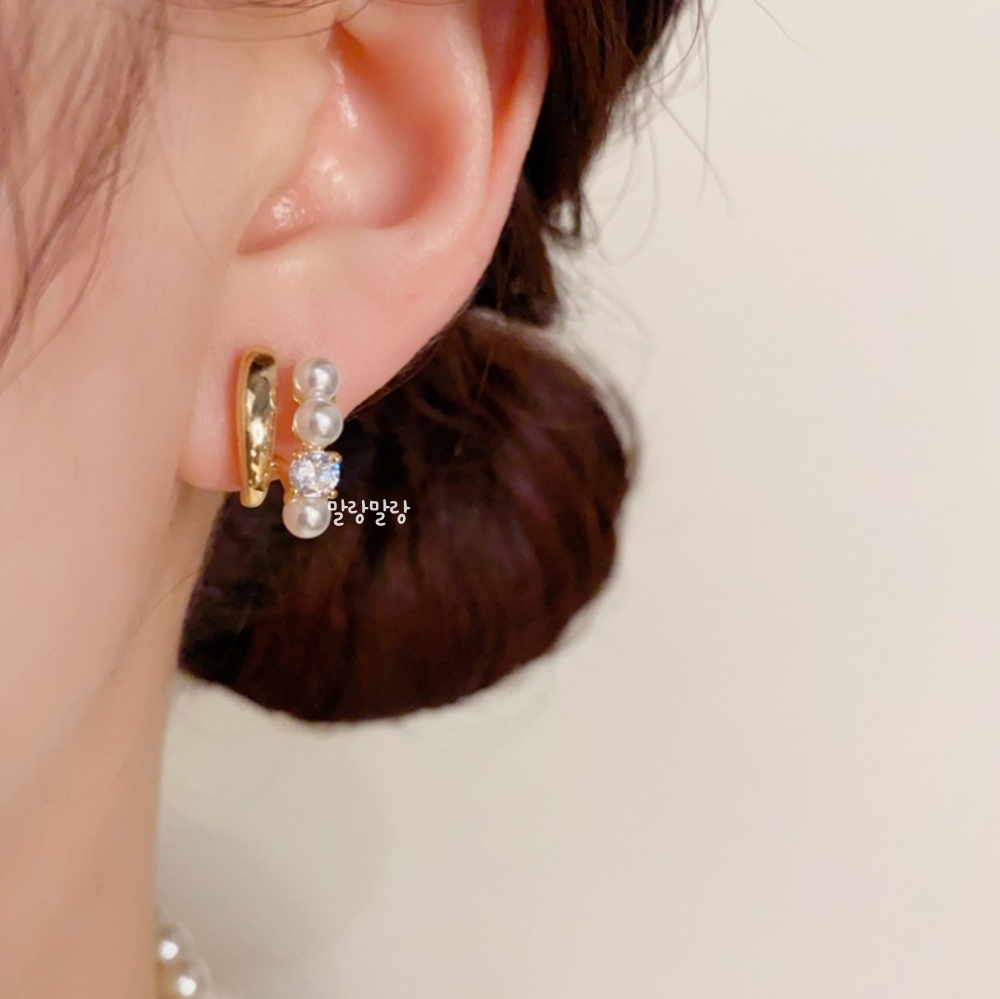 더블 레이어 진주큐빅 14K 귓볼라인 알러지없는 귀걸이 - 상세 이미지 2