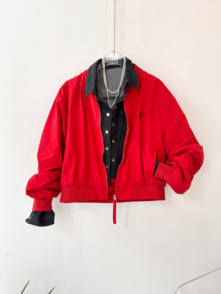 밴딩 셔링 소매 우산 자수 숏 항공 점퍼