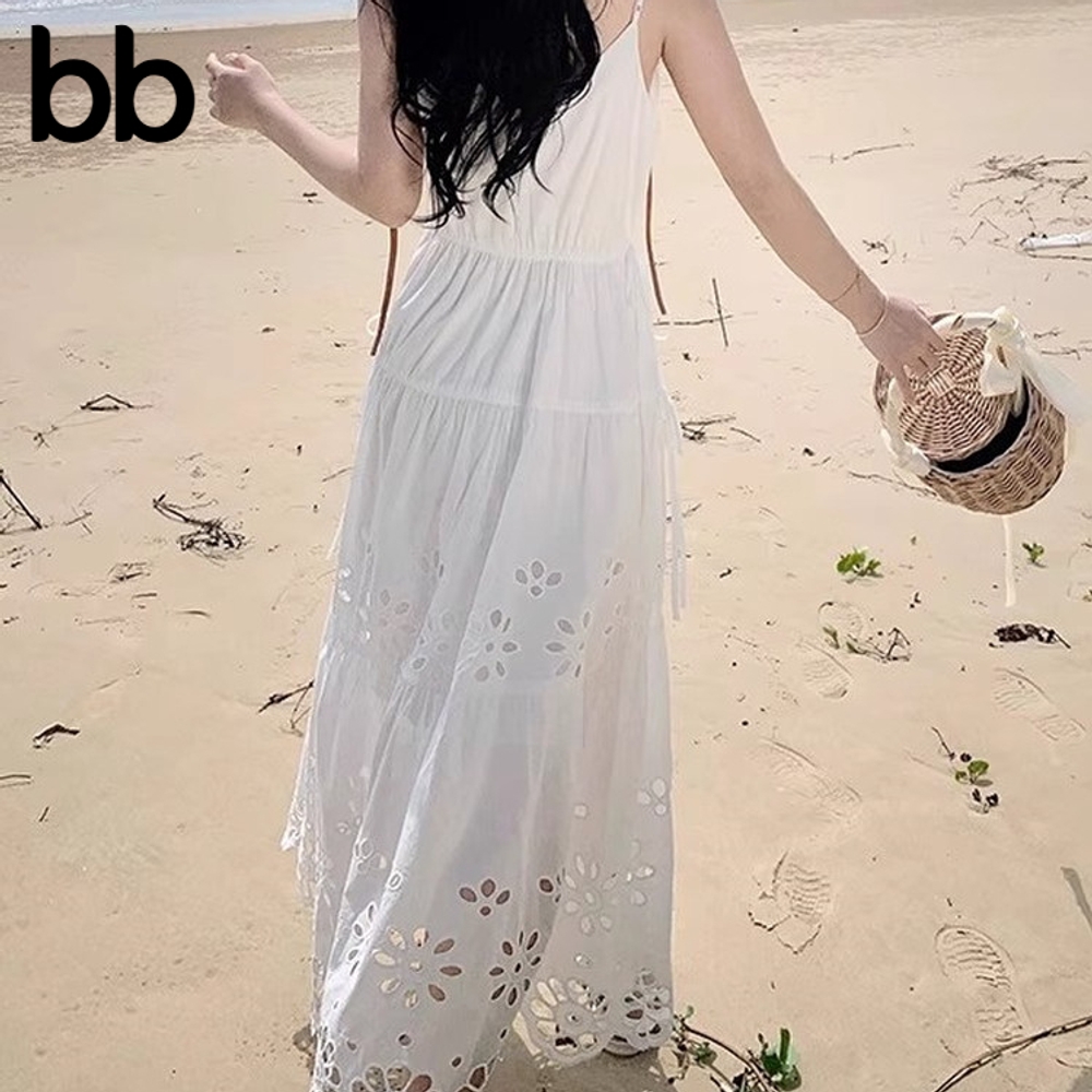 펀칭원피스 끈나시롱 뷔스티에 아일렛 자수 롱원피스 코튼 여름 프렌치 면 화이트 S - 상세 이미지 3