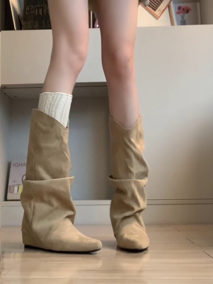 여성 롱부츠 스웨이드 셔링 뾰족코 라이더 베이지 날씬해보이는부츠 고퀄리티 4cm - 상세 이미지 2