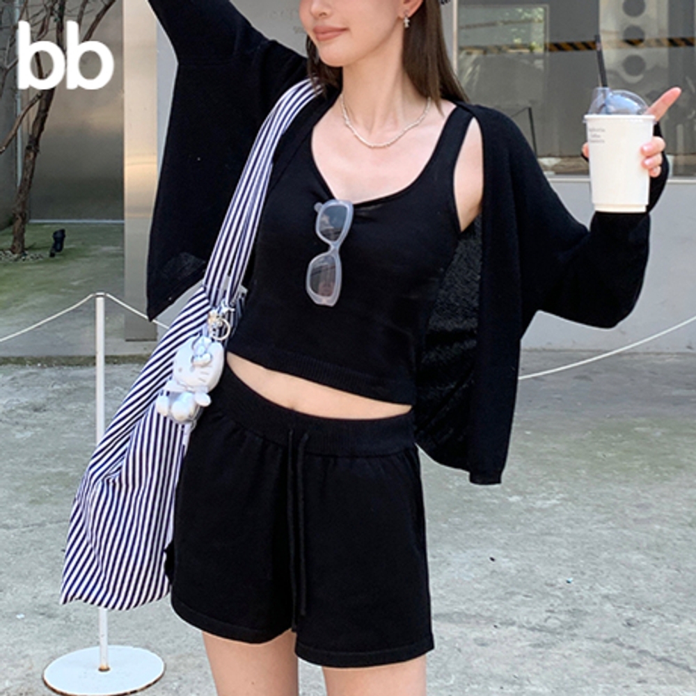 여름린넨가디건 썸머 나시 세트 빅사이즈 반팔 브이넥 크롭 로브 비치 에스닉 블랙 반바지 S - 상품 이미지