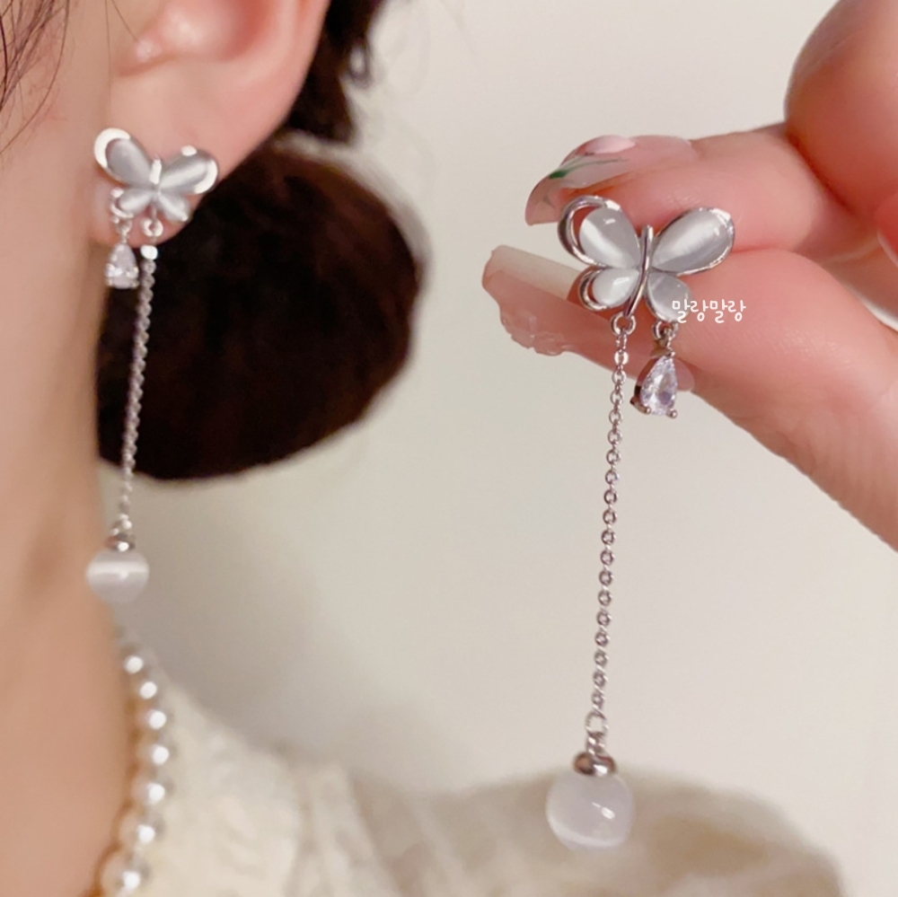 럭셔리 자개나비 큐빅 롱체인태슬 S925 은침 귀걸이 이미지 6