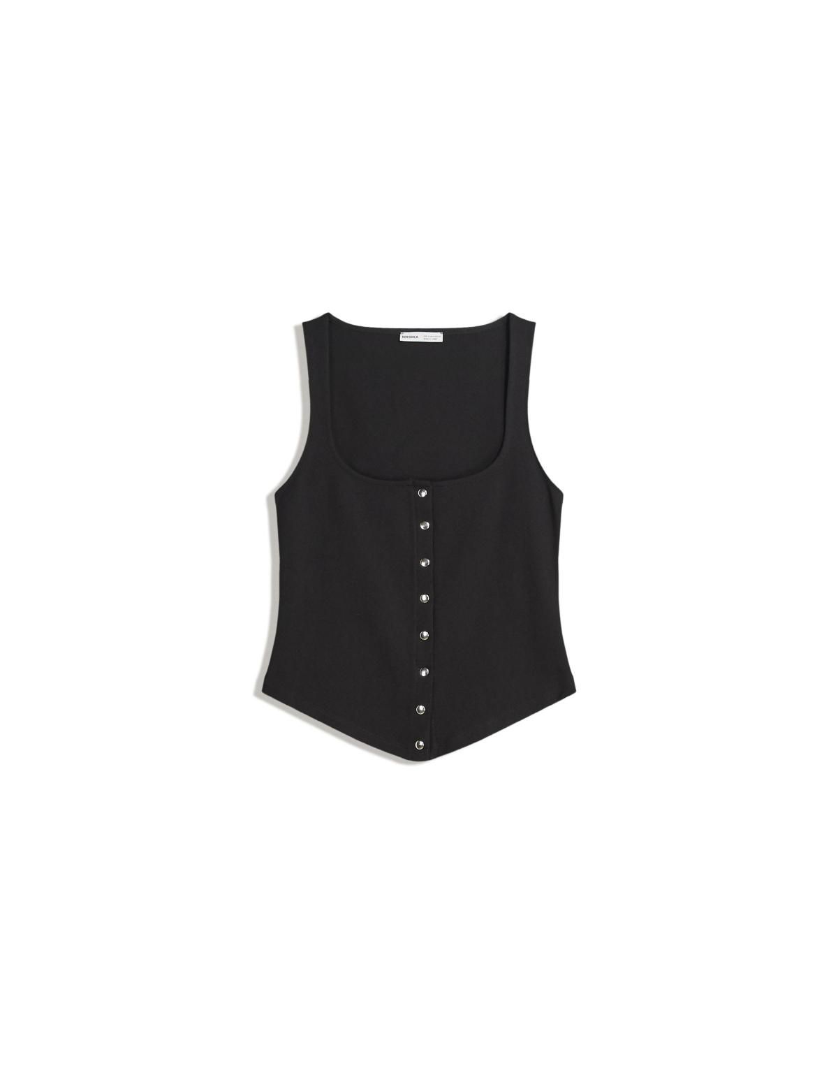 버쉬카 모던 스퀘어넥 버튼 민소매 탑 8704/360 BLACK - 상세 이미지 2