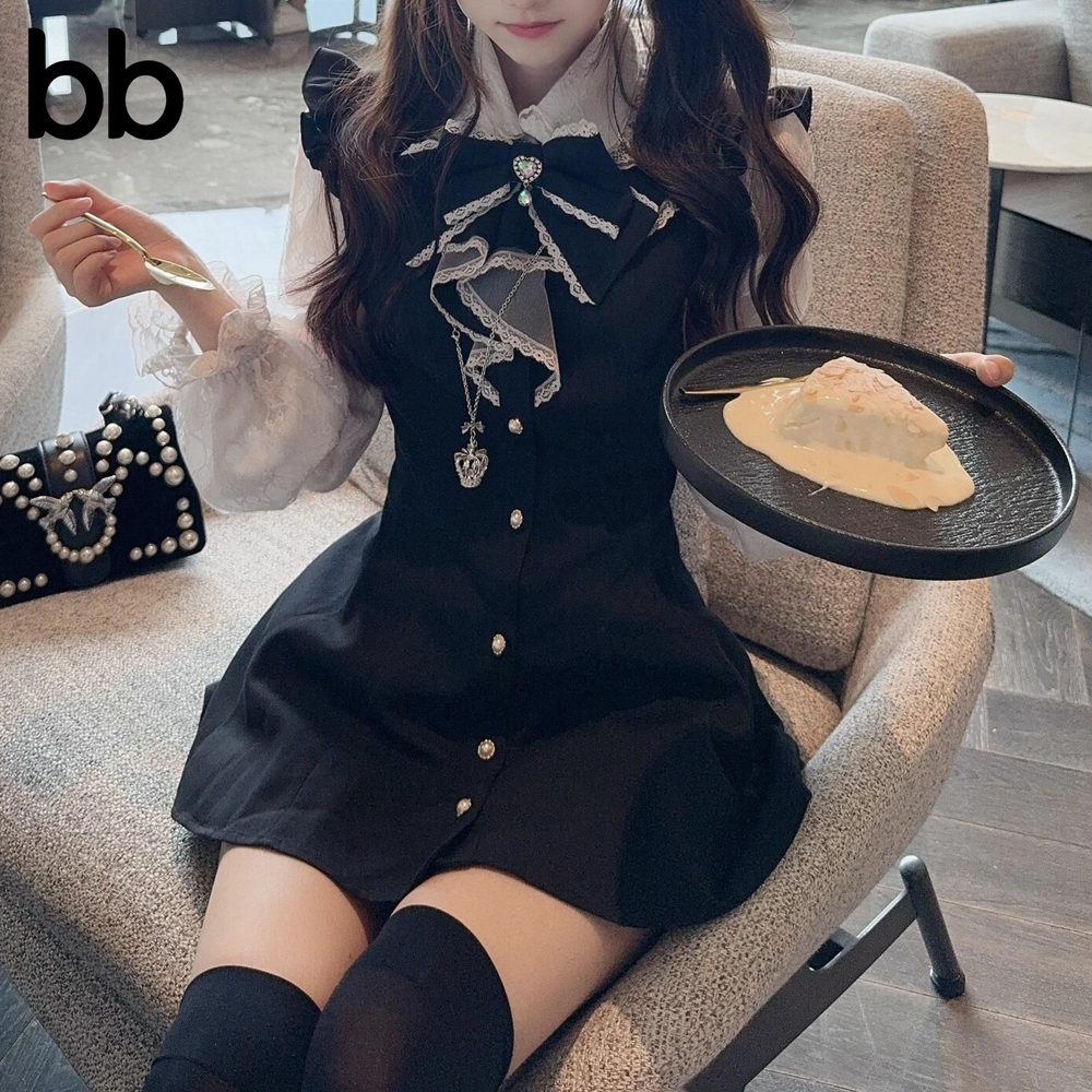 여성여름원피스 레이스 리본 로리타 나시 바캉스 하객룩 편한 셔링 귀여운 일본 블랙 S - 상세 이미지 2