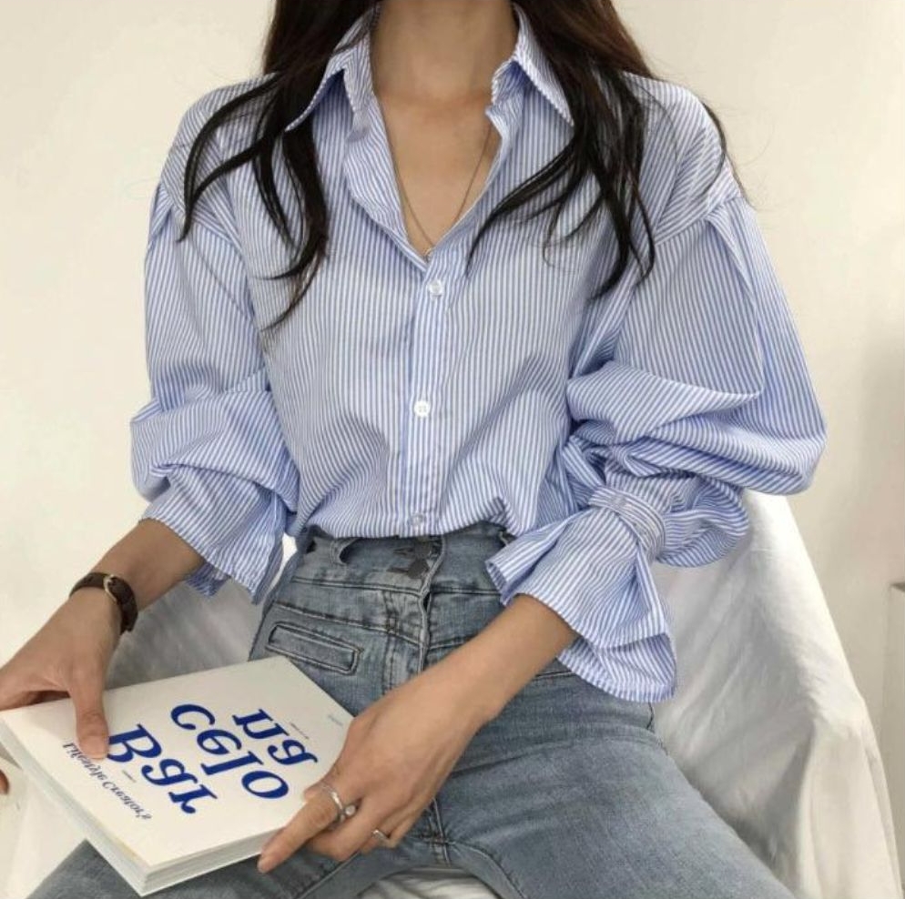 벌룬블라우스 루즈핏 스트라이프남방 하객룩 블라우스 오버핏셔츠 - 상세 이미지 3