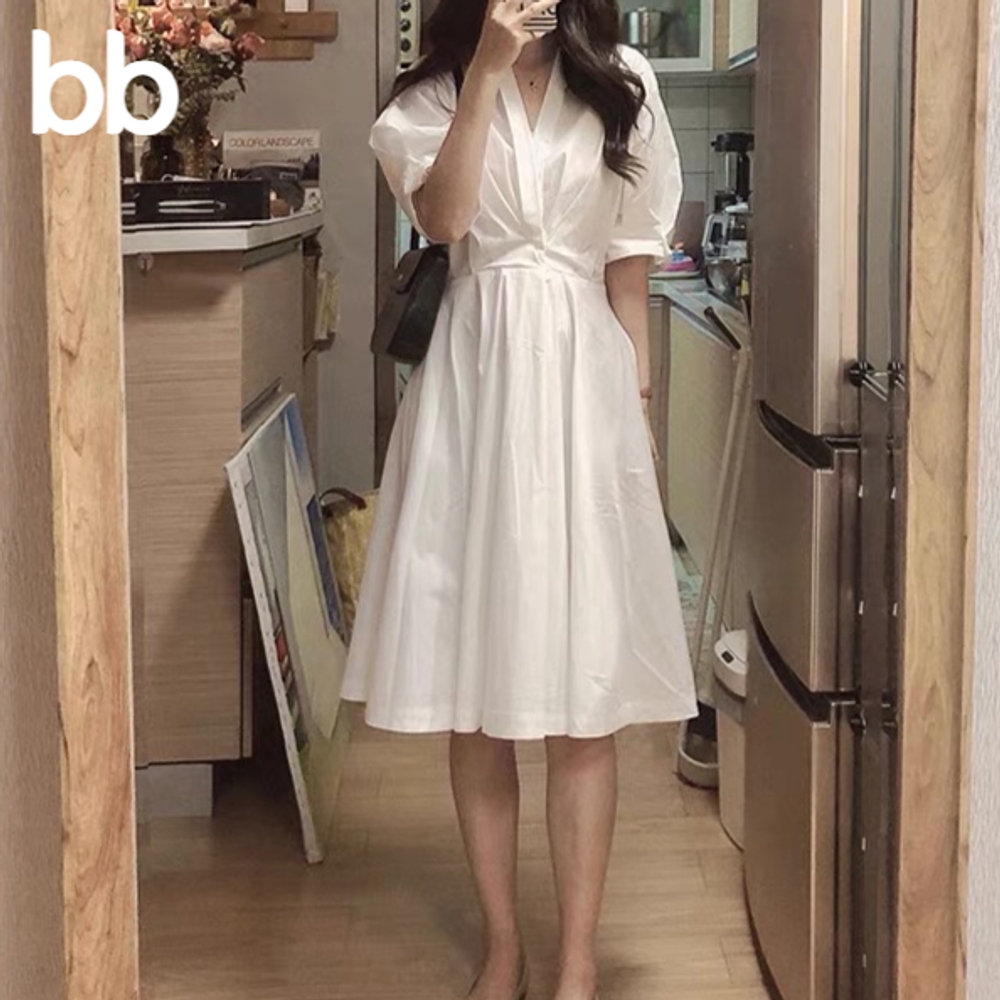 여름하객룩 퍼프소매롱원피스 허리날씬셔링 하객원피스 휴양지 린넨 결혼식 상견례 화이트 XL - 상세 이미지 2