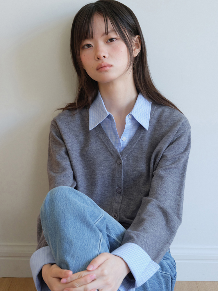 [엽페] 셔츠 카라 가디건 그레이 체크 이미지 7