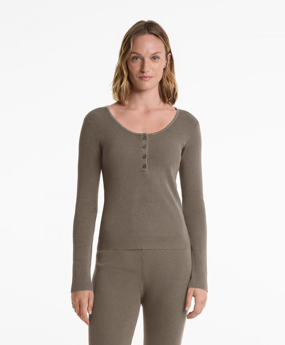 오이쇼 슬림핏 라운드넥 버튼 골지 티셔츠 2280/695 DARKTAUPE - 상세 이미지 2