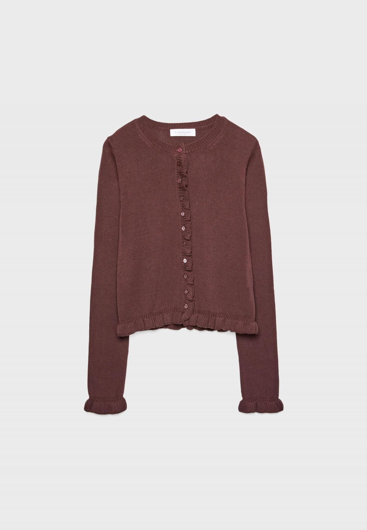 스트라디바리우스 러플 버튼 라운드넥 니트 가디건 5082/703 BROWN - 메인 이미지