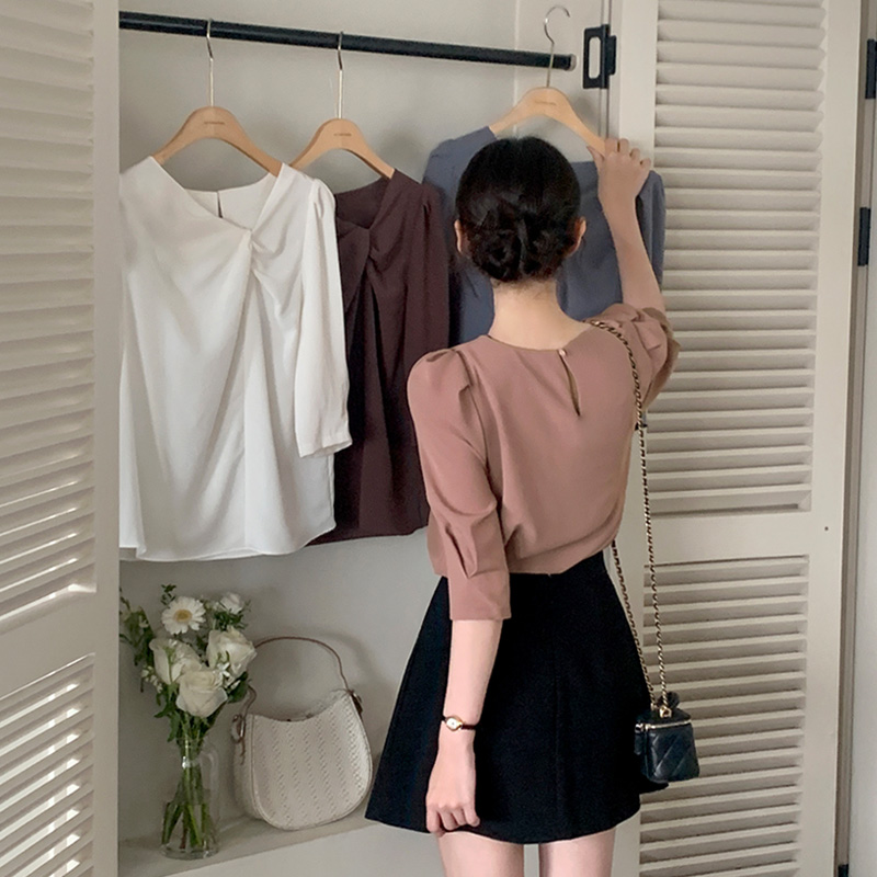 언발 꼬임 퍼프 7부 블라우스 데일리 오피스 하객룩 bs8383 - 상세 이미지 3